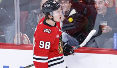 Nov 18, 2025; Chicago, Illinois, USA; Chicago Blackhawks center Connor Bedard (98) celebrates after scoring against the Calgary Flames during the third period at United Center. Mandatory Credit: Kamil Krzaczynski-Imagn Images
