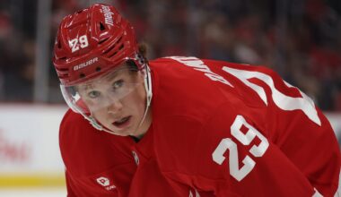 Detroit Red Wings forward Nate Danielson prepares for the face-off.