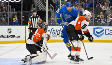 Nov 14, 2025; St. Louis, Missouri, USA; Philadelphia Flyers goaltender Samuel Ersson (33) and defenseman Cam York (8) defend the net against St. Louis Blues left wing Pavel Buchnevich (89) during the second period at Enterprise Center. Mandatory Credit: Jeff Curry-Imagn Images