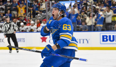 Oct 15, 2025; St. Louis, Missouri, USA; St. Louis Blues left wing Jake Neighbours (63) reacts after scoring against the Chicago Blackhawks during the first period at Enterprise Center. Mandatory Credit: Jeff Curry-Imagn Images