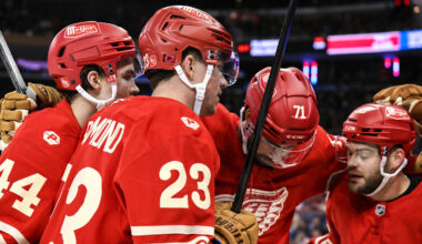 Nov 16, 2025; New York, New York, USA; Detroit Red Wings right wing Alex Debrincat (93) celebrates with teammates after scoring a goal against the New York Rangers during the second period at Madison Square Garden. Mandatory Credit: John Jones-Imagn Images