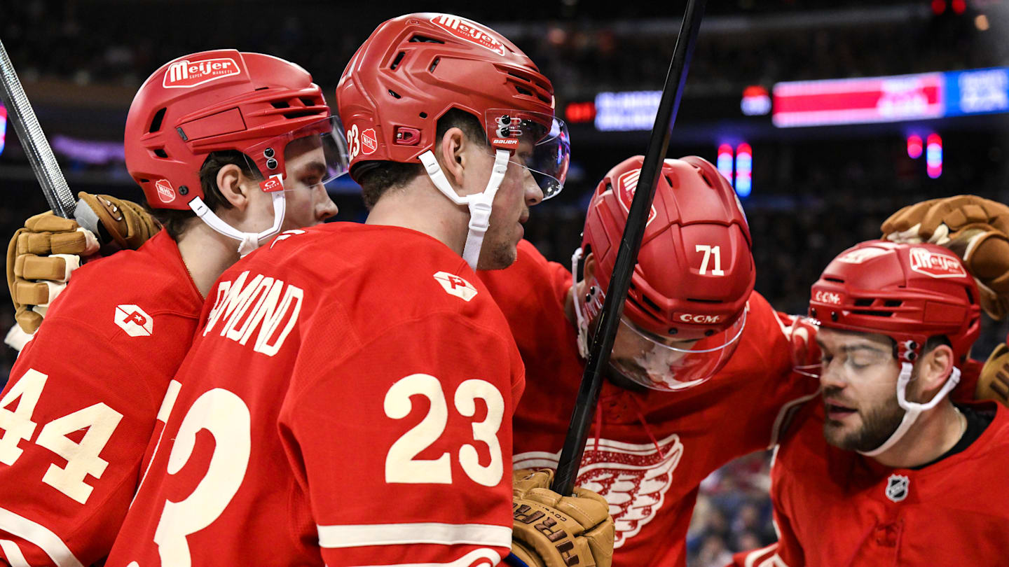 Nov 16, 2025; New York, New York, USA; Detroit Red Wings right wing Alex Debrincat (93) celebrates with teammates after scoring a goal against the New York Rangers during the second period at Madison Square Garden. Mandatory Credit: John Jones-Imagn Images