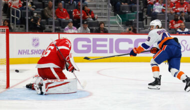 Nov 20, 2025; Detroit, Michigan, USA;  New York Islanders right wing Max Shabanov (49) shoots and scores on Detroit Red Wings goaltender John Gibson (36) in the third period at Little Caesars Arena. Mandatory Credit: Rick Osentoski-Imagn Images