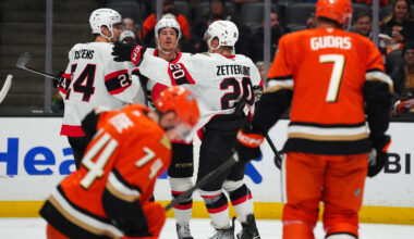 Nov 20, 2025; Anaheim, California, USA; Ottawa Senators center Dylan Cozens (24), defenseman Nick Jensen (3) and left wing Fabian Zetterlund (20) celebrate after a goal Anaheim Ducks in the first period at Honda Center. Mandatory Credit: Kirby Lee-Imagn Images