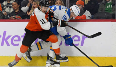 Nov 20, 2025; Philadelphia, Pennsylvania, USA; Philadelphia Flyers right wing Travis Konecny (11) and St. Louis Blues defenseman Colton Parayko (55) during the thord period at Xfinity Mobile Arena. Mandatory Credit: Eric Hartline-Imagn Images