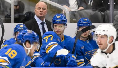 Nov 15, 2025; St. Louis, Missouri, USA; St. Louis Blues head coach Jim Montgomery looks on during the third period against the Vegas Golden Knights at Enterprise Center. Mandatory Credit: Jeff Curry-Imagn Images