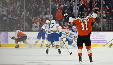 Nov 20, 2025; Philadelphia, Pennsylvania, USA; Philadelphia Flyers right wing Travis Konecny (11) celebrates game-winning goal in overtime by Philadelphia Flyers defenseman Travis Sanheim (6) against the St. Louis Blues at Xfinity Mobile Arena. Mandatory Credit: Eric Hartline-Imagn Images