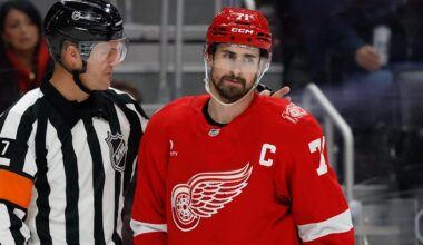 Nov 20, 2025; Detroit, Michigan, USA;  Detroit Red Wings center Dylan Larkin (71) reacts in the second period against the New York Islanders at Little Caesars Arena. Mandatory Credit: Rick Osentoski-Imagn Images