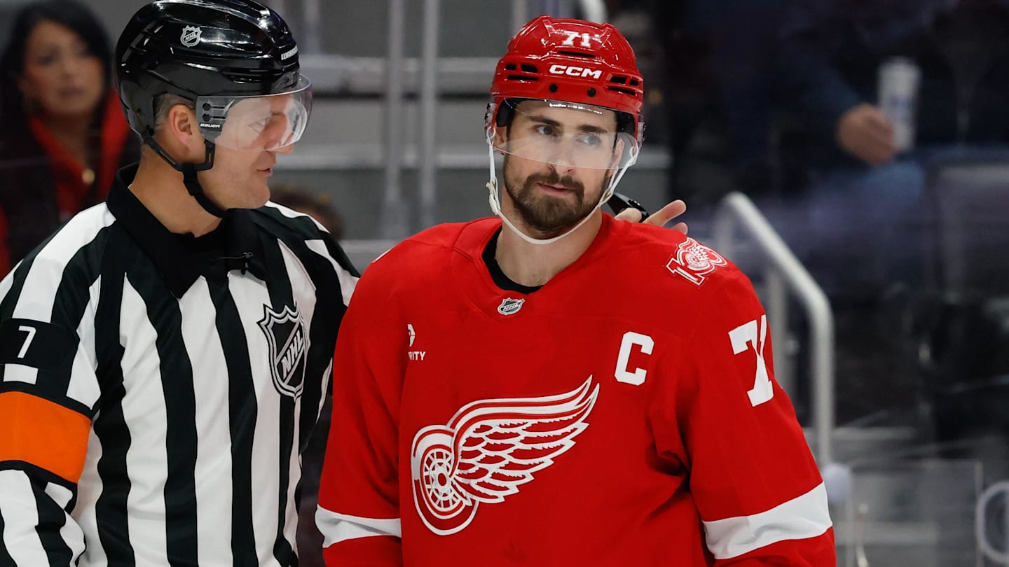 Nov 20, 2025; Detroit, Michigan, USA;  Detroit Red Wings center Dylan Larkin (71) reacts in the second period against the New York Islanders at Little Caesars Arena. Mandatory Credit: Rick Osentoski-Imagn Images