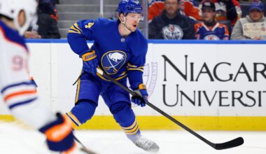 Nov 17, 2025; Buffalo, New York, USA;  Buffalo Sabres defenseman Bowen Byram (4) looks to make a pass during the second period against the Edmonton Oilers at KeyBank Center. Mandatory Credit: Timothy T. Ludwig-Imagn Images