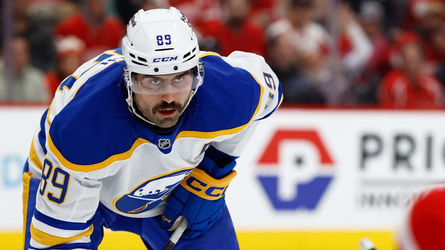 Nov 15, 2025; Detroit, Michigan, USA;  Buffalo Sabres right wing Alex Tuch (89) gets set during a face off in the first period against the Detroit Red Wings at Little Caesars Arena. Mandatory Credit: Rick Osentoski-Imagn Images