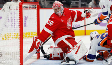Nov 20, 2025; Detroit, Michigan, USA;  Detroit Red Wings goaltender John Gibson (36) makes the save in the first period against the New York Islanders at Little Caesars Arena. Mandatory Credit: Rick Osentoski-Imagn Images