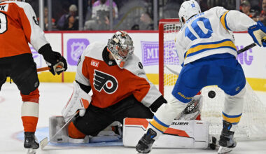 Nov 20, 2025; Philadelphia, Pennsylvania, USA; Philadelphia Flyers goaltender Dan Vladar (80) makes a save against St. Louis Blues center Brayden Schenn (10) during the second period at Xfinity Mobile Arena. Mandatory Credit: Eric Hartline-Imagn Images