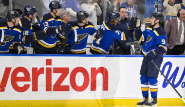 Mar 23, 2025; St. Louis, Missouri, USA;  St. Louis Blues center Alexandre Texier (9) is congratulated by teammates after scoring against the Nashville Predators during the first period at Enterprise Center. Mandatory Credit: Jeff Curry-Imagn Images