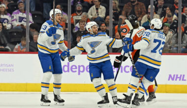 Nov 20, 2025; Philadelphia, Pennsylvania, USA; St. Louis Blues defenseman Justin Faulk (72) celebrates his goal with right wing Alexey Toropchenko (13) and left wing Nathan Walker (26)  against the Philadelphia Flyers  during the first period at Xfinity Mobile Arena. Mandatory Credit: Eric Hartline-Imagn Images