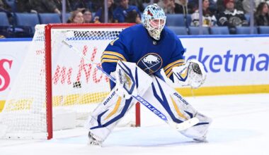 Nov 21, 2025; Buffalo, New York, USA; Buffalo Sabres goaltender Ukko-Pekka Luukkonen (1) guards the net against the Chicago Blackhawks in the third period at KeyBank Center. Mandatory Credit: Mark Konezny-Imagn Images