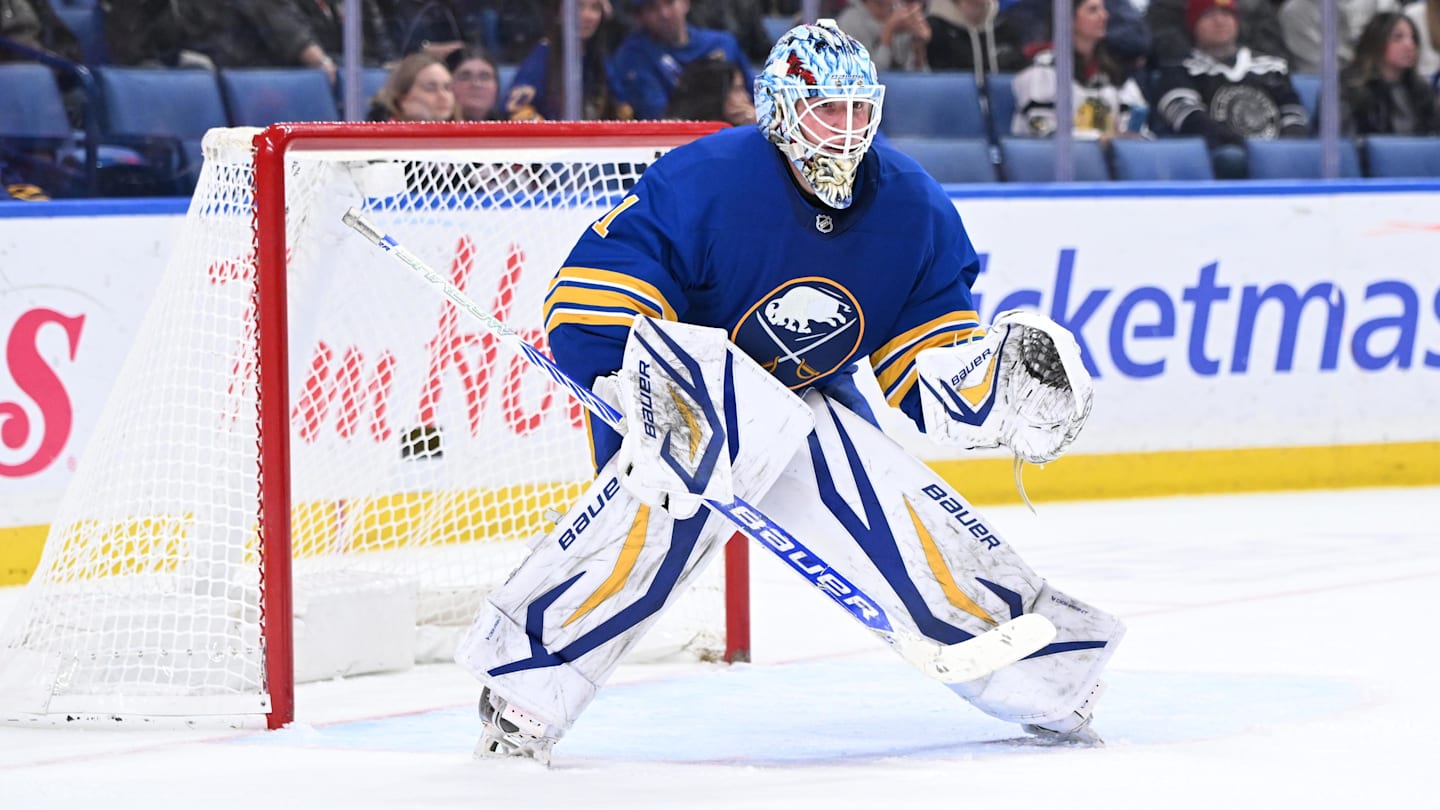 Nov 21, 2025; Buffalo, New York, USA; Buffalo Sabres goaltender Ukko-Pekka Luukkonen (1) guards the net against the Chicago Blackhawks in the third period at KeyBank Center. Mandatory Credit: Mark Konezny-Imagn Images