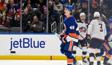 Nov 2, 2025; Elmont, New York, USA;  New York Islanders defenseman Matthew Schaefer (48) celebrates his goal against the Columbus Blue Jackets during the first period at UBS Arena. Mandatory Credit: Dennis Schneidler-Imagn Images