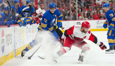 Nov 8, 2025; Raleigh, North Carolina, USA;  Buffalo Sabres center Tage Thompson (72) skates with the puck against Carolina Hurricanes left wing Jordan Martinook (48) during the second period at Lenovo Center. Mandatory Credit: James Guillory-Imagn Images