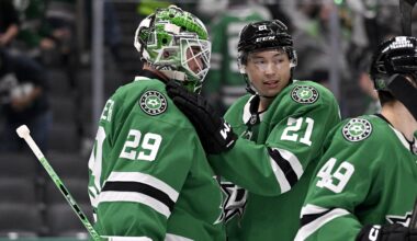 Nov 15, 2025; Dallas, Texas, USA; Dallas Stars goaltender Jake Oettinger (29) and left wing Jason Robertson (21) celebrate the victory over the Philadelphia Flyers at the American Airlines Center. Mandatory Credit: Jerome Miron-Imagn Images