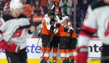 Philadelphia Flyers teammates celebrate after a goal. Mandatory Credit: Kyle Ross-Imagn Images