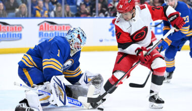 Nov 23, 2025; Buffalo, New York, USA; Carolina Hurricanes center Seth Jarvis (24) tries to get the puck past Buffalo Sabres goaltender Ukko-Pekka Luukkonen (1) in the first period at KeyBank Center. Mandatory Credit: Mark Konezny-Imagn Images