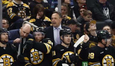 Oct 13, 2025; Boston, Massachusetts, USA; Boston Bruins head coach Marco Sturm talks to his players during the third period against the Tampa Bay Lightning at TD Garden. Mandatory Credit: Winslow Townson-Imagn Images