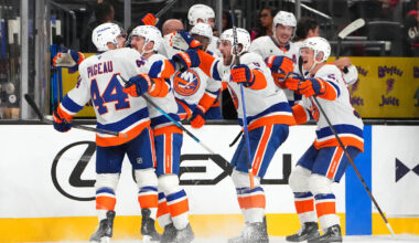 Nov 13, 2025; Las Vegas, Nevada, USA; New York Islanders center Jean-Gabriel Pageau (44) celebrates with team mates after scoring a short-handed goal against the Vegas Golden Knights during an overtime period to give the Islanders a 4-3 victory at T-Mobile Arena. Mandatory Credit: Stephen R. Sylvanie-Imagn Images