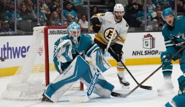 Nov 23, 2025; San Jose, California, USA;  San Jose Sharks goaltender Yaroslav Askarov (30) and San Jose Sharks defenseman Vincent Desharnais (5) defend the goal as Boston Bruins center Pavel Zacha (18) waits for a pass in the first period at SAP Center in San Jose. Mandatory Credit: David Gonzales-Imagn Images