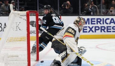 Nov 24, 2025; Salt Lake City, Utah, USA; Utah Mammoth center Logan Cooley (92) looks back to watch the puck go in the net past Vegas Golden Knights goaltender Carl Lindbom (30) during the third period at Delta Center. Mandatory Credit: Rob Gray-Imagn Images