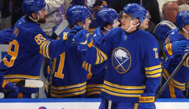 Nov 1, 2025; Buffalo, New York, USA;  Buffalo Sabres center Tage Thompson (72) celebrates his goal with teammates during the first period against the Washington Capitals at KeyBank Center. Mandatory Credit: Timothy T. Ludwig-Imagn Images