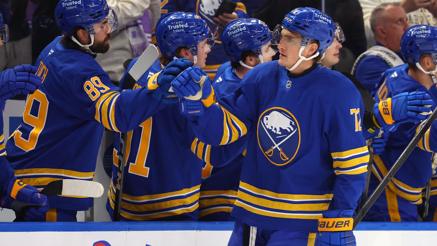 Nov 1, 2025; Buffalo, New York, USA;  Buffalo Sabres center Tage Thompson (72) celebrates his goal with teammates during the first period against the Washington Capitals at KeyBank Center. Mandatory Credit: Timothy T. Ludwig-Imagn Images
