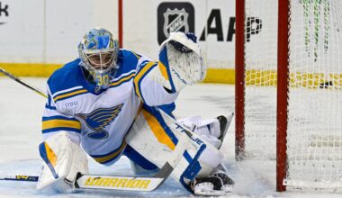 Nov 24, 2025; New York, New York, USA; New York Rangers center Vincent Trocheck (16) (not pictured) scores a goal past St. Louis Blues goaltender Joel Hofer (30) during the second period at Madison Square Garden. Mandatory Credit: Dennis Schneidler-Imagn Images