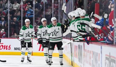 Nov 13, 2025; Montreal, Quebec, CAN; Dallas Stars defenseman Esa Lindell (23) celebrates with his teammates at the bench his goal against the Montreal Canadiens during the second period at Bell Centre. Mandatory Credit: David Kirouac-Imagn Images