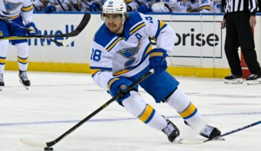 Nov 24, 2025; New York, New York, USA; St. Louis Blues center Robert Thomas (18) skates with the puck against the New York Rangers during the third period at Madison Square Garden. Mandatory Credit: Dennis Schneidler-Imagn Images
