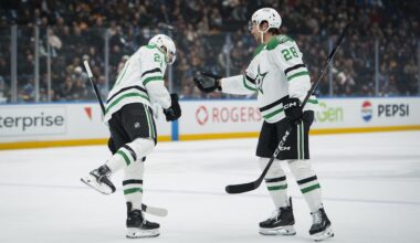 Nov 20, 2025; Vancouver, British Columbia, CAN; Dallas Stars forward Jason Robertson (21) and defenseman Alexander Petrovic (28) celebrate Robertson’s goal against the Vancouver Canucks in the first period at Rogers Arena. Mandatory Credit: Bob Frid-Imagn Images