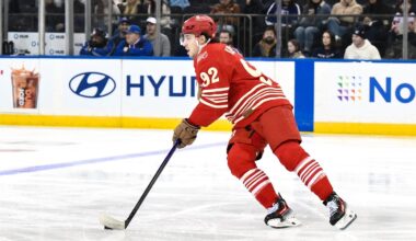 Nov 16, 2025; New York, New York, USA; Detroit Red Wings center Marco Kasper (92) skates with the puck against the New York Rangers during the first period at Madison Square Garden. Mandatory Credit: John Jones-Imagn Images