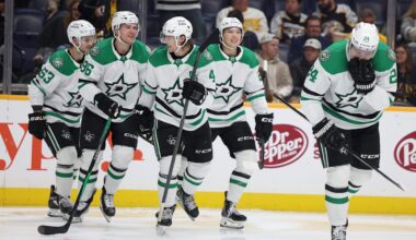 Nov 8, 2025; Nashville, Tennessee, USA; Dallas Stars celebrate a second period goal against the Nashville Predators at Bridgestone Arena. Mandatory Credit: Alan Poizner-Imagn Images