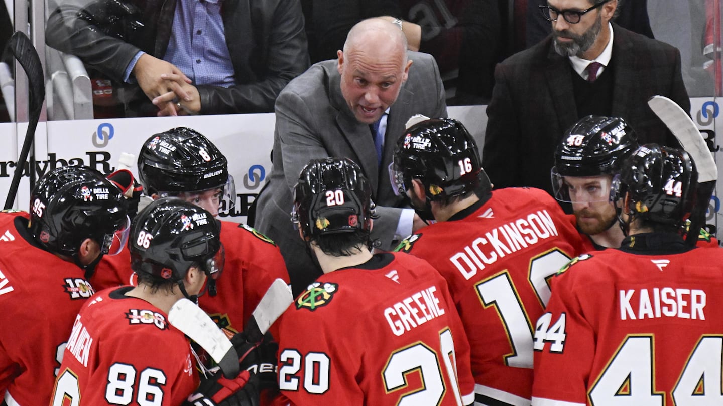 Oct 17, 2025; Chicago, Illinois, USA;  Chicago Blackhawks head coach Jeff Blashill talks with the team during the third period against the Vancouver Canucks at the United Center. Mandatory Credit: Matt Marton-Imagn Images