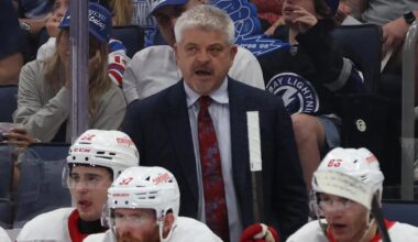 Apr 11, 2025; Tampa, Florida, USA; Detroit Red Wings head coach Todd McLellan looks on against the Tampa Bay Lightning during the second period at Amalie Arena. Mandatory Credit: Kim Klement Neitzel-Imagn Images