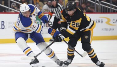 Nov 26, 2025; Pittsburgh, Pennsylvania, USA; Buffalo Sabres center Tage Thompson (72) and Pittsburgh Penguins center Tristan Broz (26) battles for the puck during the second period at PPG Paints Arena. Mandatory Credit: Charles LeClaire-Imagn Images