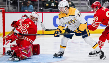 Nov 26, 2025; Detroit, Michigan, USA; Nashville Predators defenseman Nick Blankenburg (37) scores a goal on Detroit Red Wings goaltender Cam Talbot (39) as right wing Patrick Kane (88) defends during the third period at Little Caesars Arena. Mandatory Credit: Tim Fuller-Imagn Images