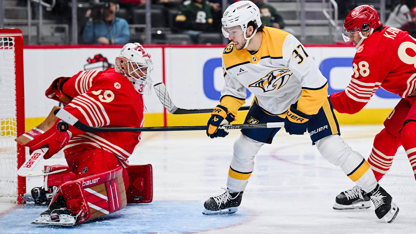 Nov 26, 2025; Detroit, Michigan, USA; Nashville Predators defenseman Nick Blankenburg (37) scores a goal on Detroit Red Wings goaltender Cam Talbot (39) as right wing Patrick Kane (88) defends during the third period at Little Caesars Arena. Mandatory Credit: Tim Fuller-Imagn Images
