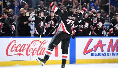 Nov 19, 2025; Buffalo, New York, USA; Buffalo Sabres center Tage Thompson (72) celebrates scoring a goal against the Calgary Flames in the second period at KeyBank Center. Mandatory Credit: Mark Konezny-Imagn Images