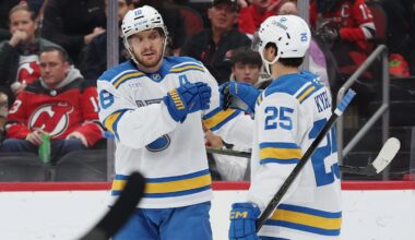 Nov 26, 2025; Newark, New Jersey, USA; St. Louis Blues center Robert Thomas (18) celebrates his goal against the New Jersey Devils during the first period at Prudential Center. Mandatory Credit: Ed Mulholland-Imagn Images