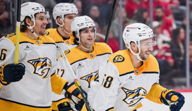Nov 26, 2025; Detroit, Michigan, USA; Nashville Predators left wing Michael Bunting (58) celebrates his goal with teammates during the first period against the Detroit Red Wings at Little Caesars Arena. Mandatory Credit: Tim Fuller-Imagn Images
