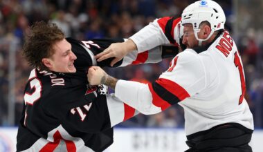 Buffalo Sabres forward Tage Thompson settled an old score with New Jersey Devils player Stefan Noesen.