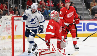 Nov 28, 2025; Detroit, Michigan, USA; Detroit Red Wings goaltender John Gibson (36) reacts after giving up a power play goal against the Tampa Bay Lightning  in the first period at Little Caesars Arena. Mandatory Credit: Lon Horwedel-Imagn Images