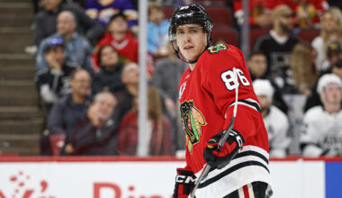 Oct 26, 2025; Chicago, Illinois, USA; Chicago Blackhawks center Teuvo Teravainen (86) looks on during the first period of an NHL game against the Los Angeles Kings at United Center. Mandatory Credit: Kamil Krzaczynski-Imagn Images