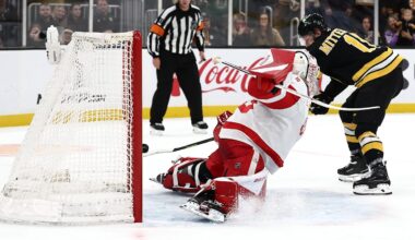Nov 29, 2025; Boston, Massachusetts, USA; Boston Bruins center Casey Mittelstadt (11) scores the only goal during a shootout against Detroit Red Wings goaltender Cam Talbot (39) in Boston’s 3-2 win at TD Garden. Mandatory Credit: Winslow Townson-Imagn Images